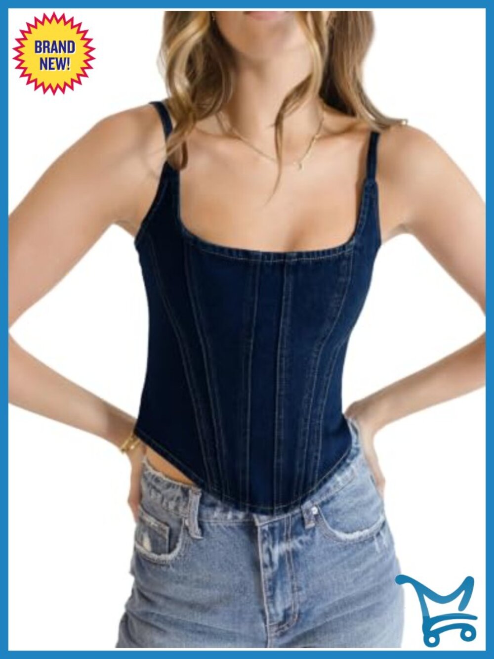 Womens Denim Corset Crop Tank Top Square Neck Zip Back Slim Fit